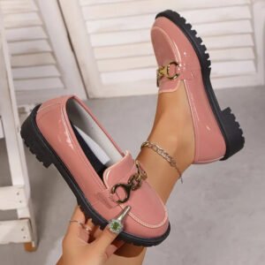 British Style Round Toe Thick Heel Versatile Flats Casual Footwear Shoes - Pink