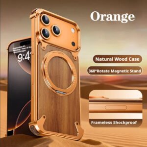 Luxury Premium Eary Natural Wood Frameless MagSafe Shockproof Case Cover For iPhone 17 Pro Max - Orange