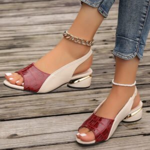 Serpentine New Fashion Retro Open Toe Fish Mouth High Quality Medium Heel Square Women's Shoes - Maroon