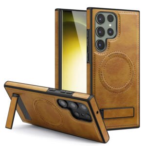 Luxury Premium Luxury PU Leather Invisible Stand Magnetic Wireless Charging Case Cover For Samsung Galaxy S21 Ultra - Brown