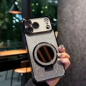 Luxury Premium Eletroplated Bracket Mirror Glitter Case Cover for Case Cover For iPhone 17 Pro Max - Black
