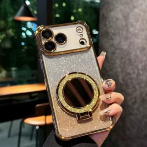 Luxury Premium Eletroplated Bracket Mirror Glitter Case Cover for Case Cover For iPhone 17 Pro Max - Gold