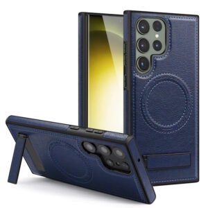Luxury Premium Luxury PU Leather Invisible Stand Magnetic Wireless Charging Case Cover For Samsung Galaxy S21 Ultra - Blue