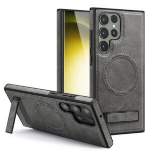 Luxury Premium Luxury PU Leather Invisible Stand Magnetic Wireless Charging Case Cover For Samsung Galaxy S21 Ultra - Grey