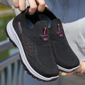 Fashion Breathable High Quality Mesh Women Sneakers Soft Slip Flats Shoes - Black