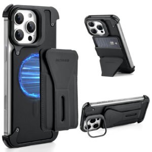 Luxury Premium Metal Frame Leather Magnetic Stand Wallet Card Holder Case Cover Cover For iPhone 16 Pro Max - Black