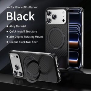 Luxury Premium Frameless Wireless Charging Magnetic Carbon Fiber Rotation Ring Stand Slim Protective Case Cover For iPhone 17 Pro Max - Black