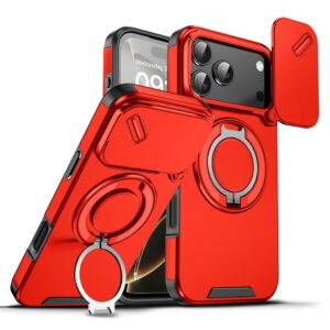 Luxury Premium Armor Rotating Flip Full Lens Protection Stand  Case Cover For iPhone 17 Pro Max - Red