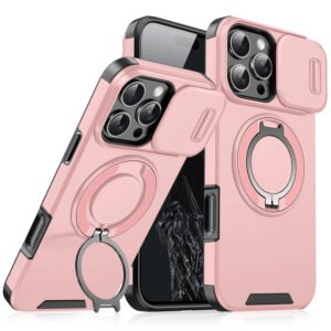 Luxury Premium Armor Rotating Flip Full Lens Protection Stand  Case Cover For iPhone Series - iPhone 13 Pro Max, Pink
