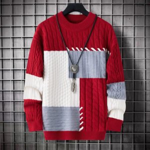 Round Neck Knitted Pullover Casual Warm patchwork Sweater - Red