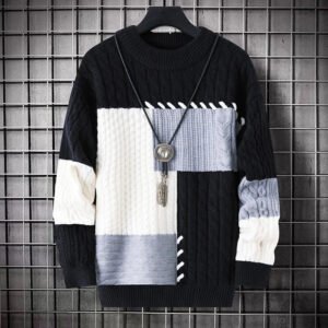 Round Neck Knitted Pullover Casual Warm patchwork Sweater - Black