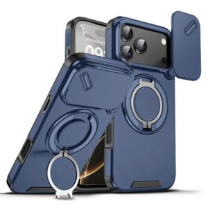 Luxury Premium Armor Rotating Flip Full Lens Protection Stand  Case Cover For iPhone 17 Pro Max - Blue