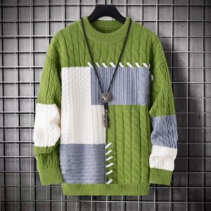 Round Neck Knitted Pullover Casual Warm patchwork Sweater - Green