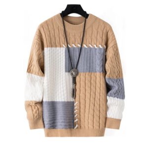 Round Neck Knitted Pullover Casual Warm patchwork Sweater - Khaki