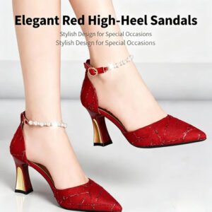Elegance Fashion Pearl Ankle Strap Pointed Toe High Heels Shoes - Red