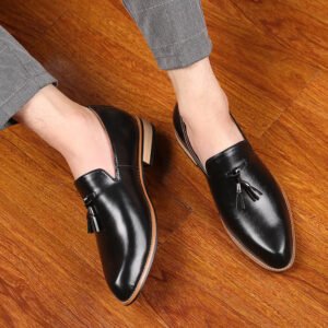 Men's Pointed Toe Business Fashionable Casual Leather Wear-Resistant Low Heel Shoes - Black