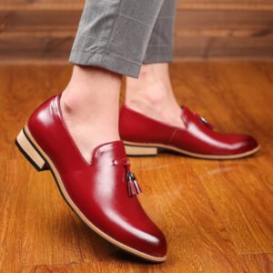 Men's Pointed Toe Business Fashionable Casual Leather Wear-Resistant Low Heel Shoes - Red