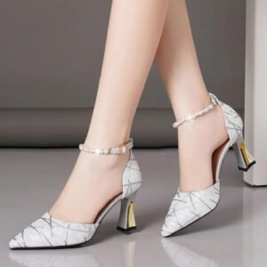 Elegance Fashion Pearl Ankle Strap Pointed Toe High Heels Shoes - Silver