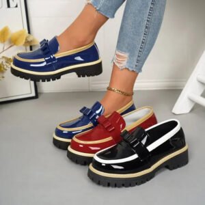 Luxury Premium Glossy Finish Elegant Bow Decor Round Chunky Brugue Loafers Shoes